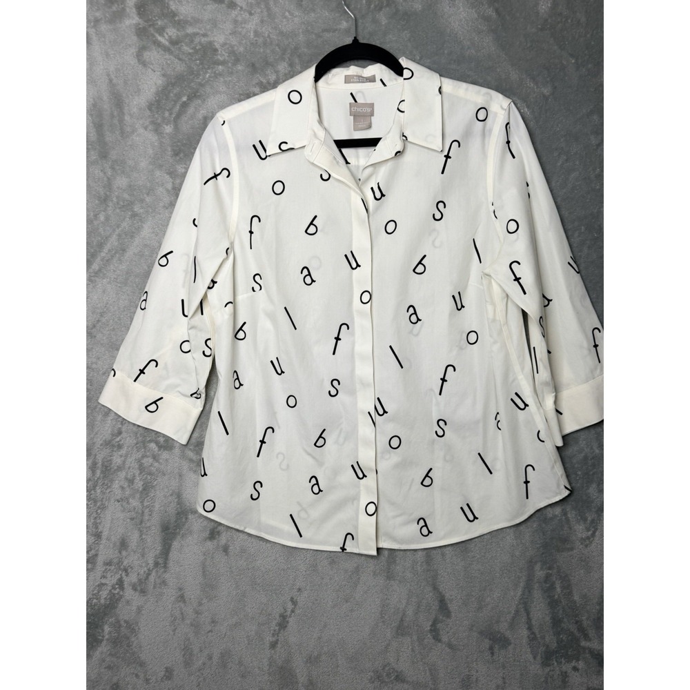 Chicos No-Iron White‎ Alphabet Print 3/4 Sleeve Cotton Blouse Size 1 Medium 8/10 - Picture 2 of 5